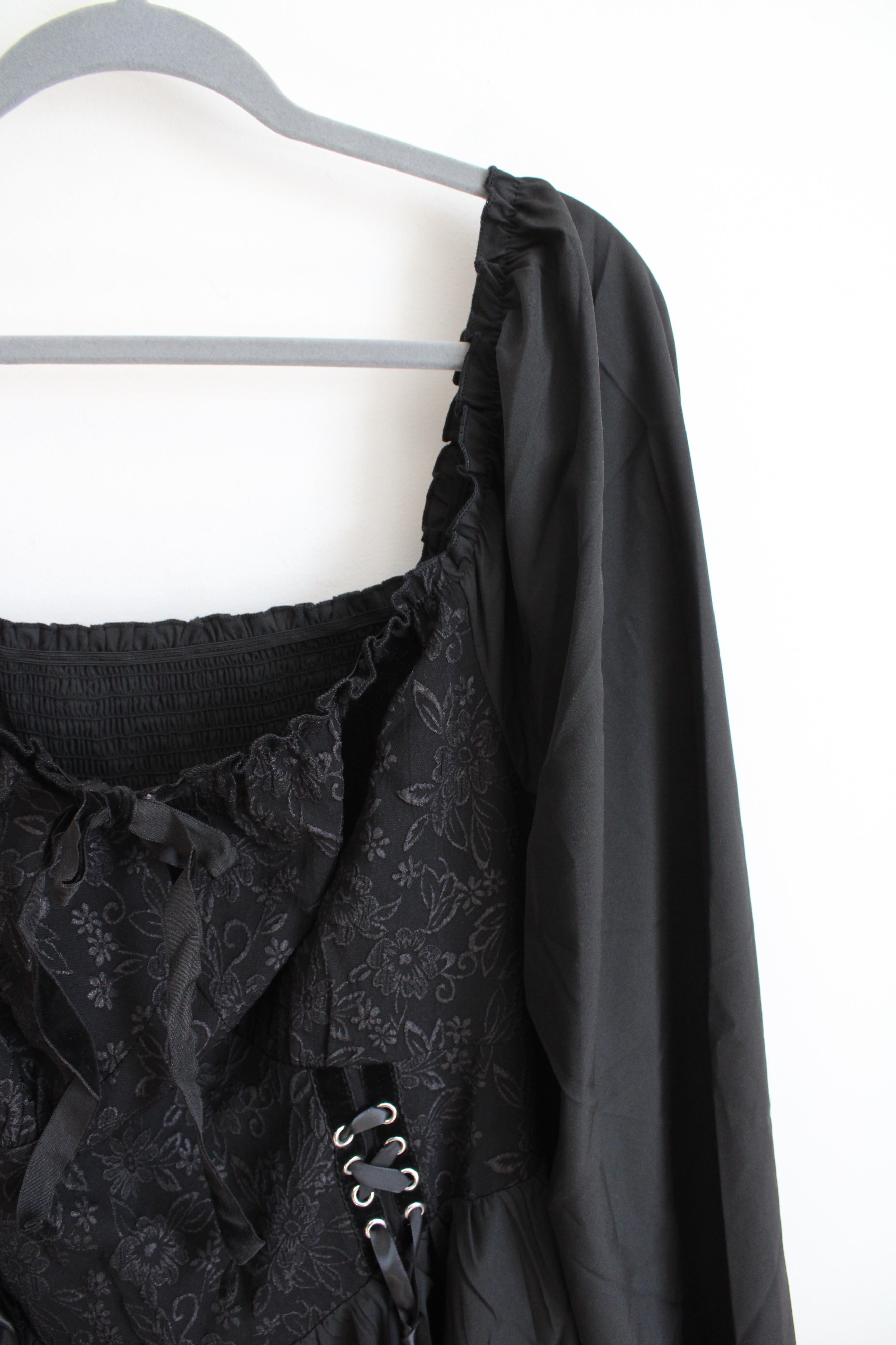 Shein Curve Black Lace Corset Tied Waist Long Sleeved Dress
