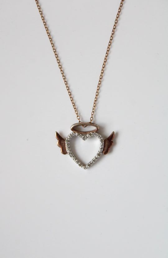 Heart With Angel ings & Halo Gold Coated Sterling Siver Necklace