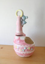 Samson Import Co. 1967 #5689 Pink Floral Bear & Bow Porcelain Nursery Music Box Planter