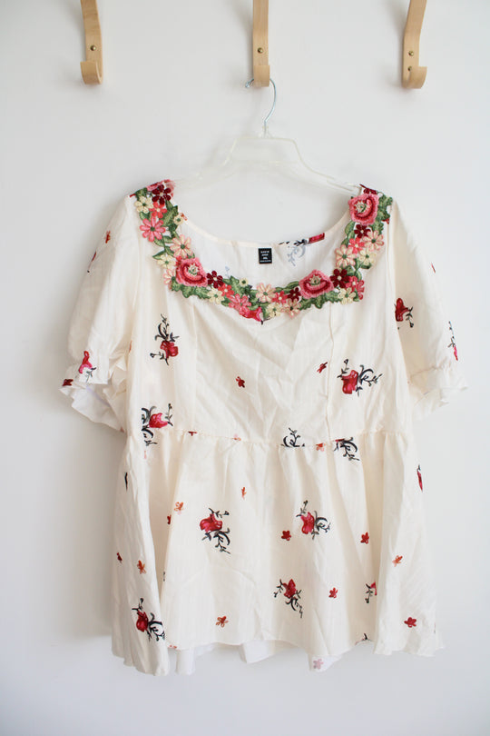Shein Curve Cream Floral Embroidered Neckline Top | 4XL