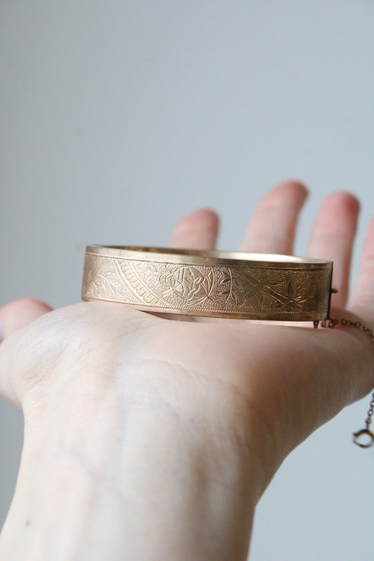10K Gold Fill Art Deco Etched Bangle Bracelet