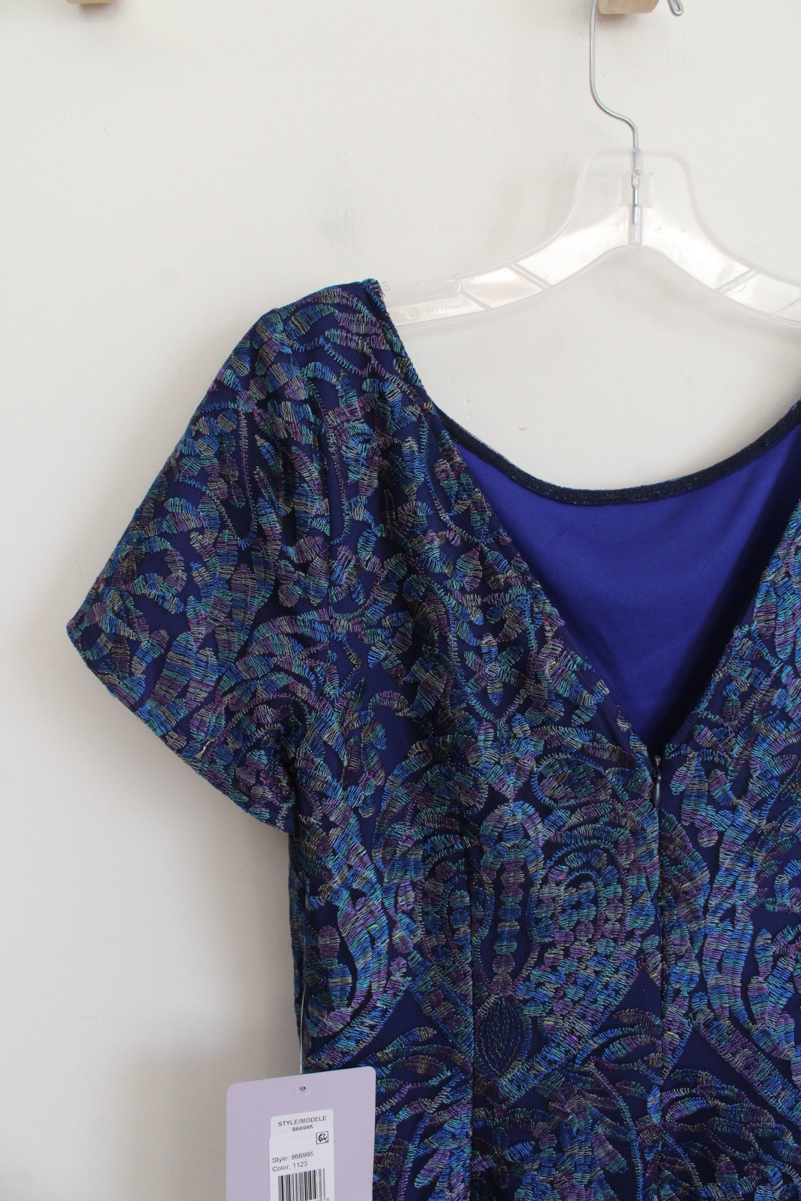New JS Collections Blue Pink & Green Metallic Embroidered Dress | 8