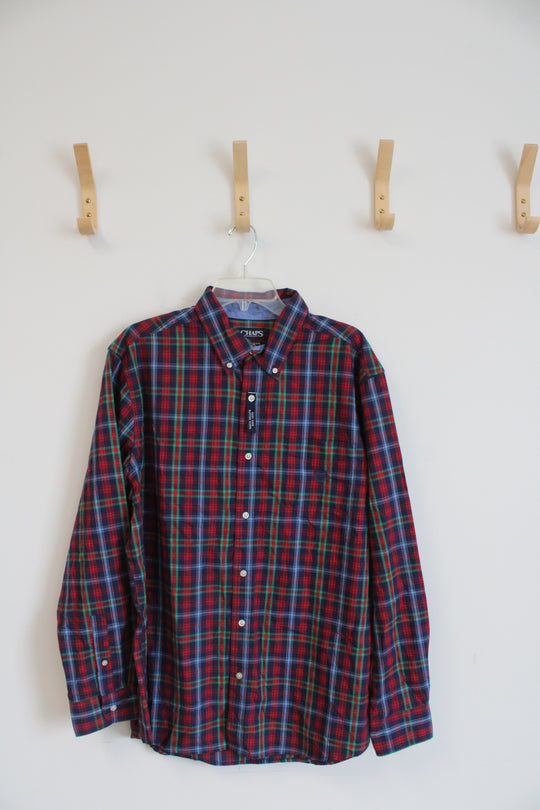 Chaps East Care Checkered Cotton Long-Sleeved Collared Shirt | XL