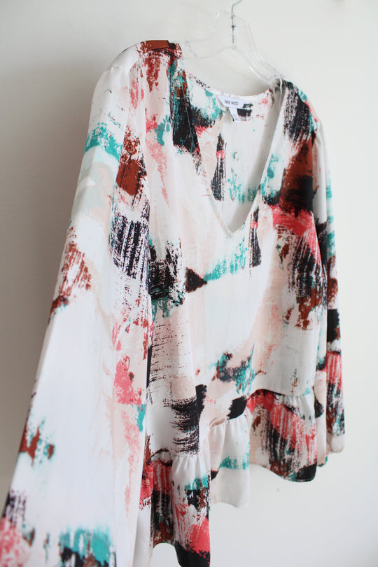 Nine West White Multi-Colored Long Sleeved Blouse | XXL