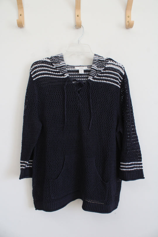 CJ Banks Navy Blue & White Striped Knit Hoodie | 1X