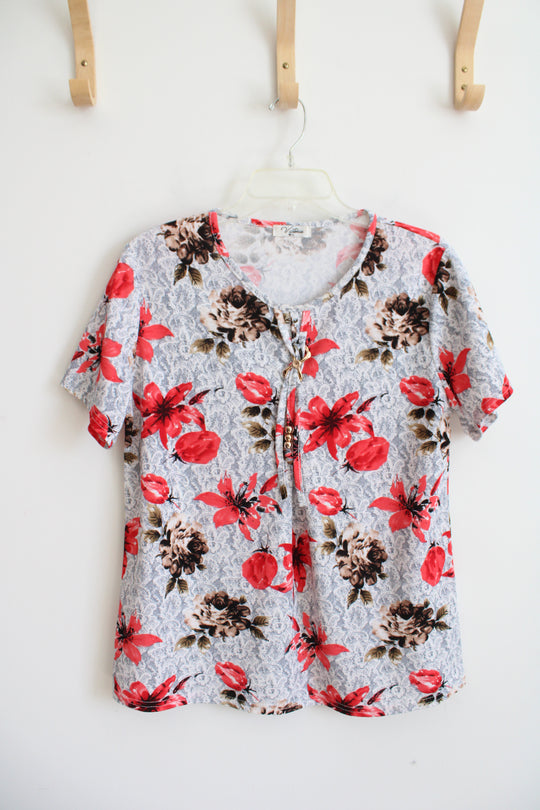 Victoria Gray Brown & Red Floral Top | M/L