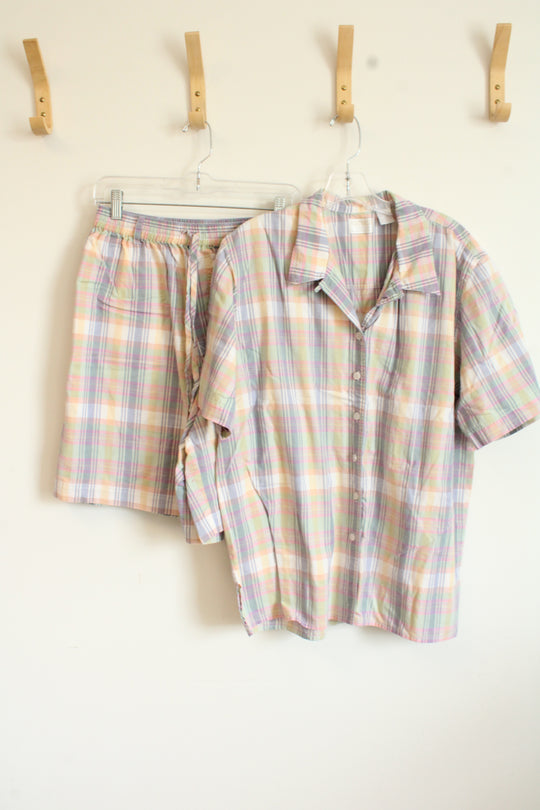 Elisabeth By Liz Claiborne Pastel Plaid Cotton Shirt & Shorts Set | 16