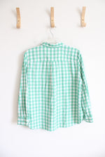 LOFT Light Green & White Plaid Button Down Shirt | XL Petite