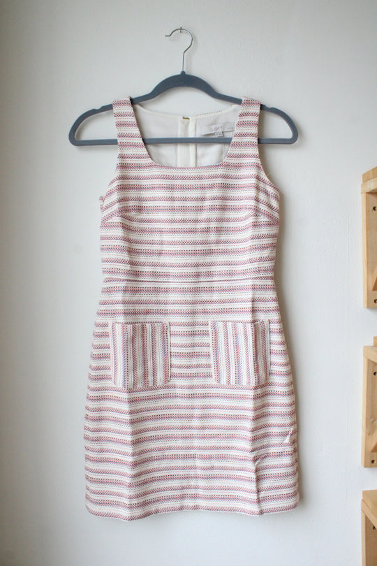NEW LOFT Cream & Pink Striped Metallic Sheath Dress | 0 Petite