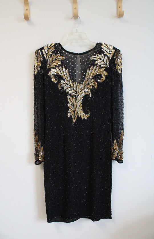 Laurence Kazar Vintage Black Gold & Silver Beaded Sequined Silk Dress | M