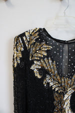 Laurence Kazar Vintage Black Gold & Silver Beaded Sequined Silk Dress | M