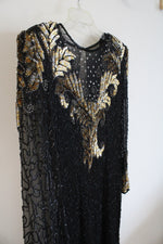 Laurence Kazar Vintage Black Gold & Silver Beaded Sequined Silk Dress | M