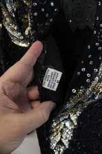 Laurence Kazar Vintage Black Gold & Silver Beaded Sequined Silk Dress | M