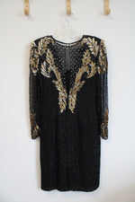 Laurence Kazar Vintage Black Gold & Silver Beaded Sequined Silk Dress | M