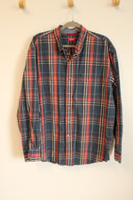 Izod Navy Blue & Red Plaid Button Down Cotton Shirt | XL