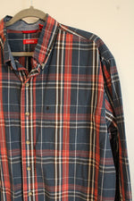 Izod Navy Blue & Red Plaid Button Down Cotton Shirt | XL