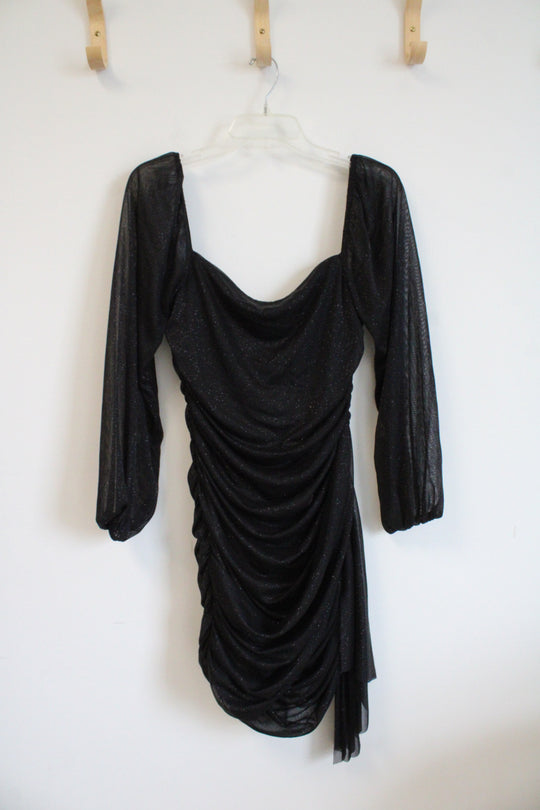 Jump Apparel Black Glitter Ruched Long Sleeved Bodycon Dress | XL