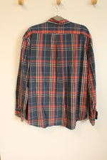 Izod Navy Blue & Red Plaid Button Down Cotton Shirt | XL