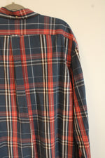 Izod Navy Blue & Red Plaid Button Down Cotton Shirt | XL