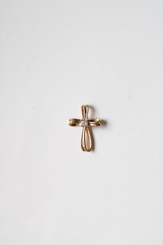 14KT Yellow Gold CZ Stone Loop Cross Pendant