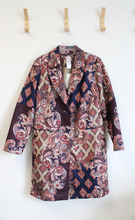 NEW Chico's Faux Suede Blue Tan & Burgundy Paisley Coat | 2 (12/14)