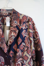 NEW Chico's Faux Suede Blue Tan & Burgundy Paisley Coat | 2 (12/14)