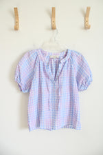 LOFT Purple & Blue Gingham V-Neck Top | XS