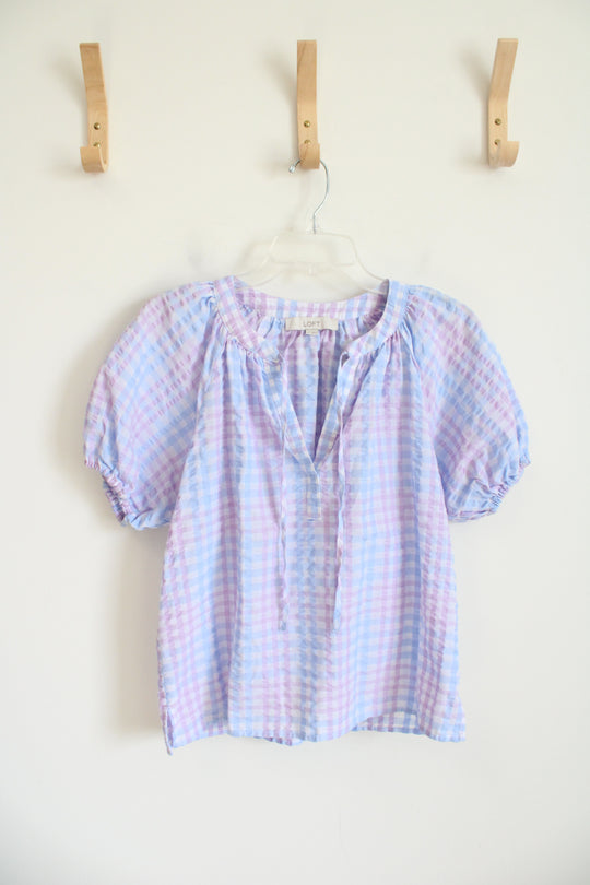 LOFT Purple & Blue Gingham V-Neck Top | XS