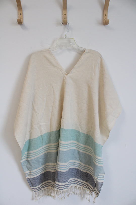 Tribe Alive Caftan White with Seafoam and Blue Stripes Beach Cover Up | One Size