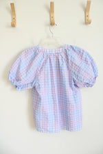 LOFT Purple & Blue Gingham V-Neck Top | XS