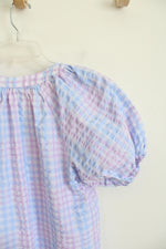 LOFT Purple & Blue Gingham V-Neck Top | XS
