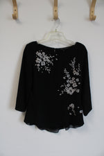 White House Black Market Black with White and Silver Embroidered Floral Design Blouse | 2