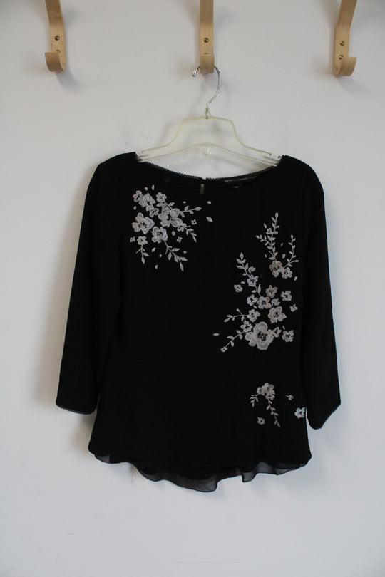 White House Black Market Black with White and Silver Embroidered Floral Design Blouse | 2