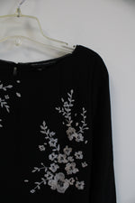 White House Black Market Black with White and Silver Embroidered Floral Design Blouse | 2