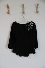 White House Black Market Black with White and Silver Embroidered Floral Design Blouse | 2