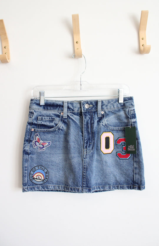 NEW Wild Fable Medium Wash Embroidery Patch Denim Mini Skirt | 2