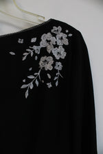 White House Black Market Black with White and Silver Embroidered Floral Design Blouse | 2