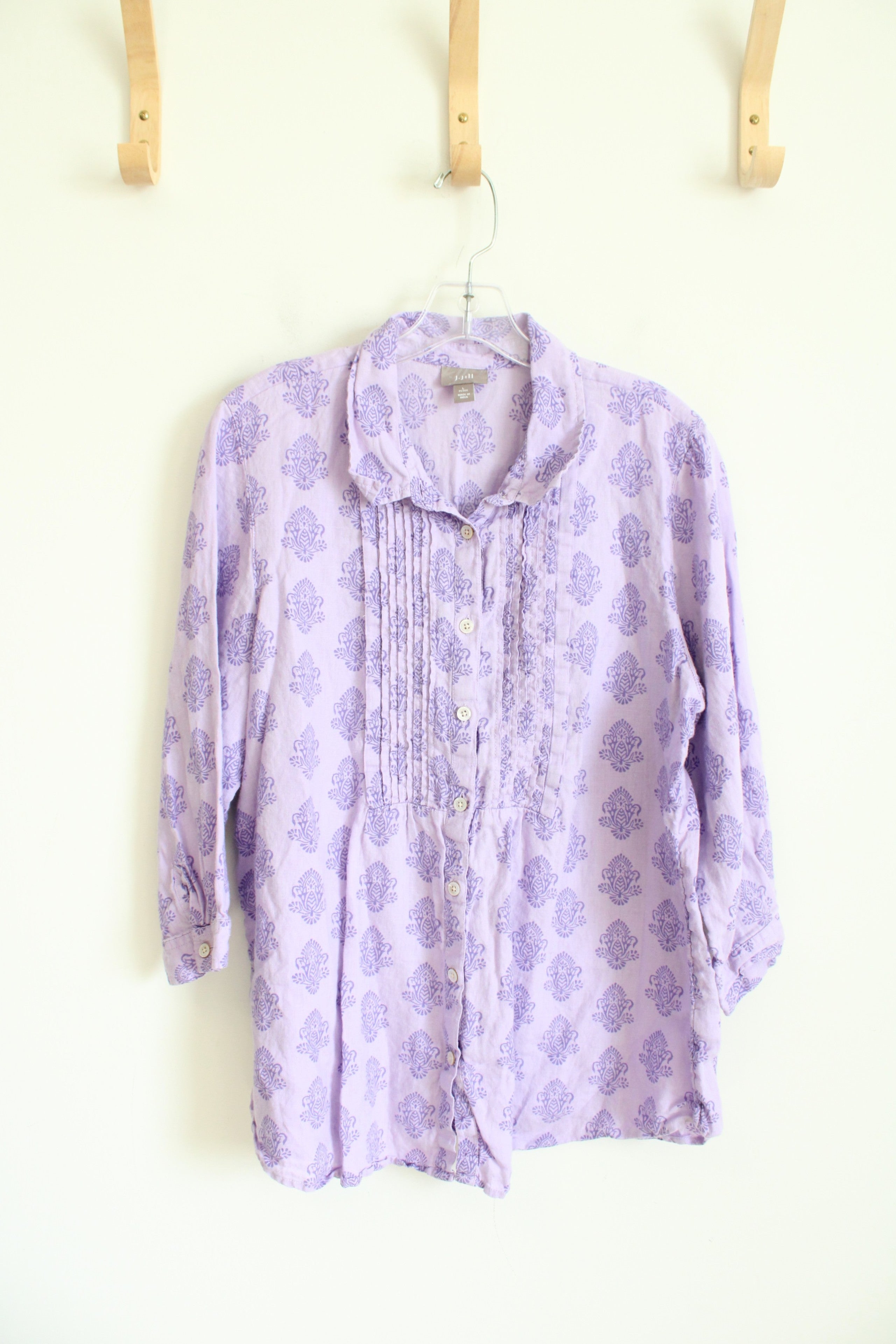 J.Jill Two-Toned Purple Patterned Pleated Button Down Linen Top | L Petite