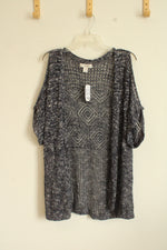 NEW Christopher & Banks Marbled Blue Knit Cold Shoulder Open Sweater | XL