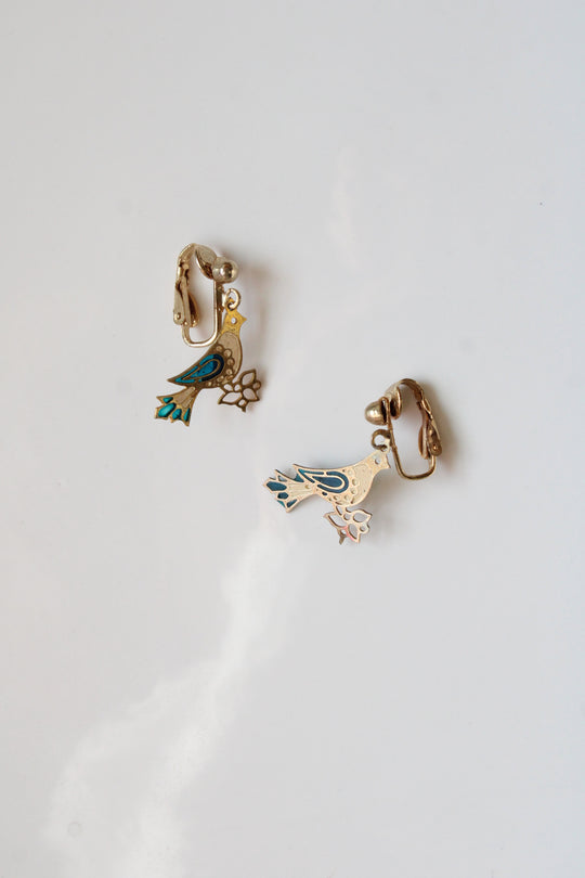 Vintage Delicate Bluebird Gold Coated Sterling Clip On Earrings
