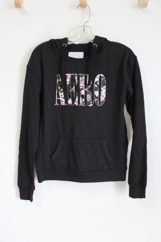 Aeropostale Black Floral Logo Hoodie | M