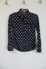 Merona Navy Blue White Polka Dotted Long Sleeved Button Down Shirt | XS