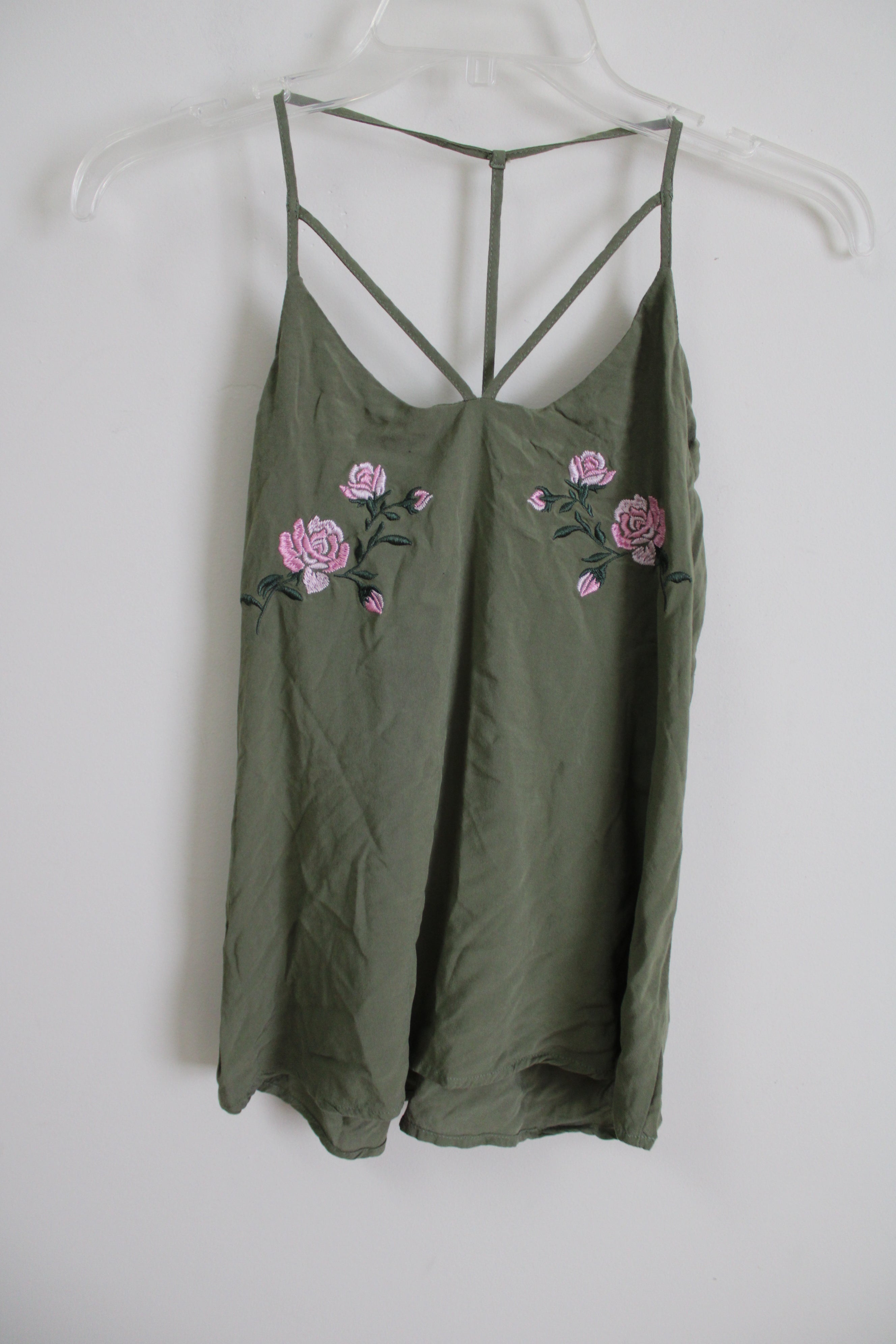 No Boundaries Olive Green Rose Embroidered Tank | M