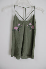 No Boundaries Olive Green Rose Embroidered Tank | M