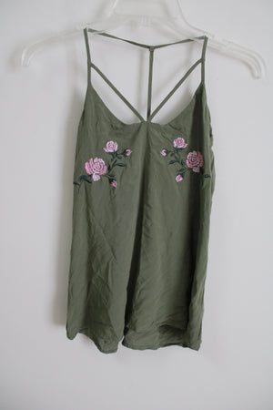 No Boundaries Olive Green Rose Embroidered Tank | M