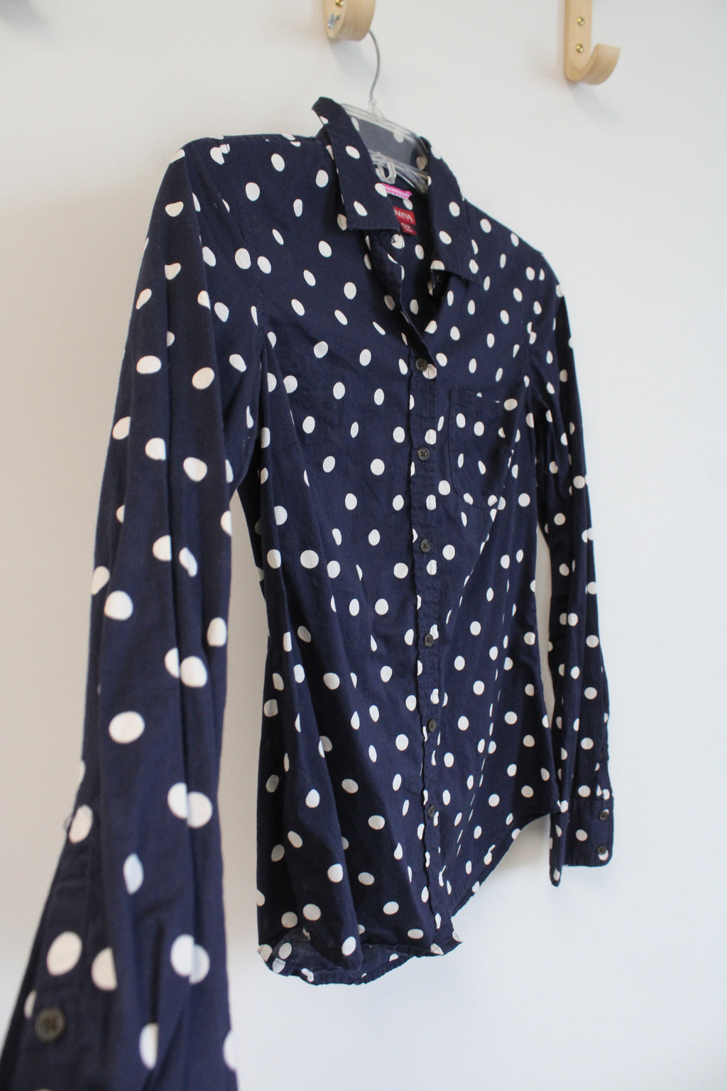 Merona Navy Blue White Polka Dotted Long Sleeved Button Down Shirt | XS