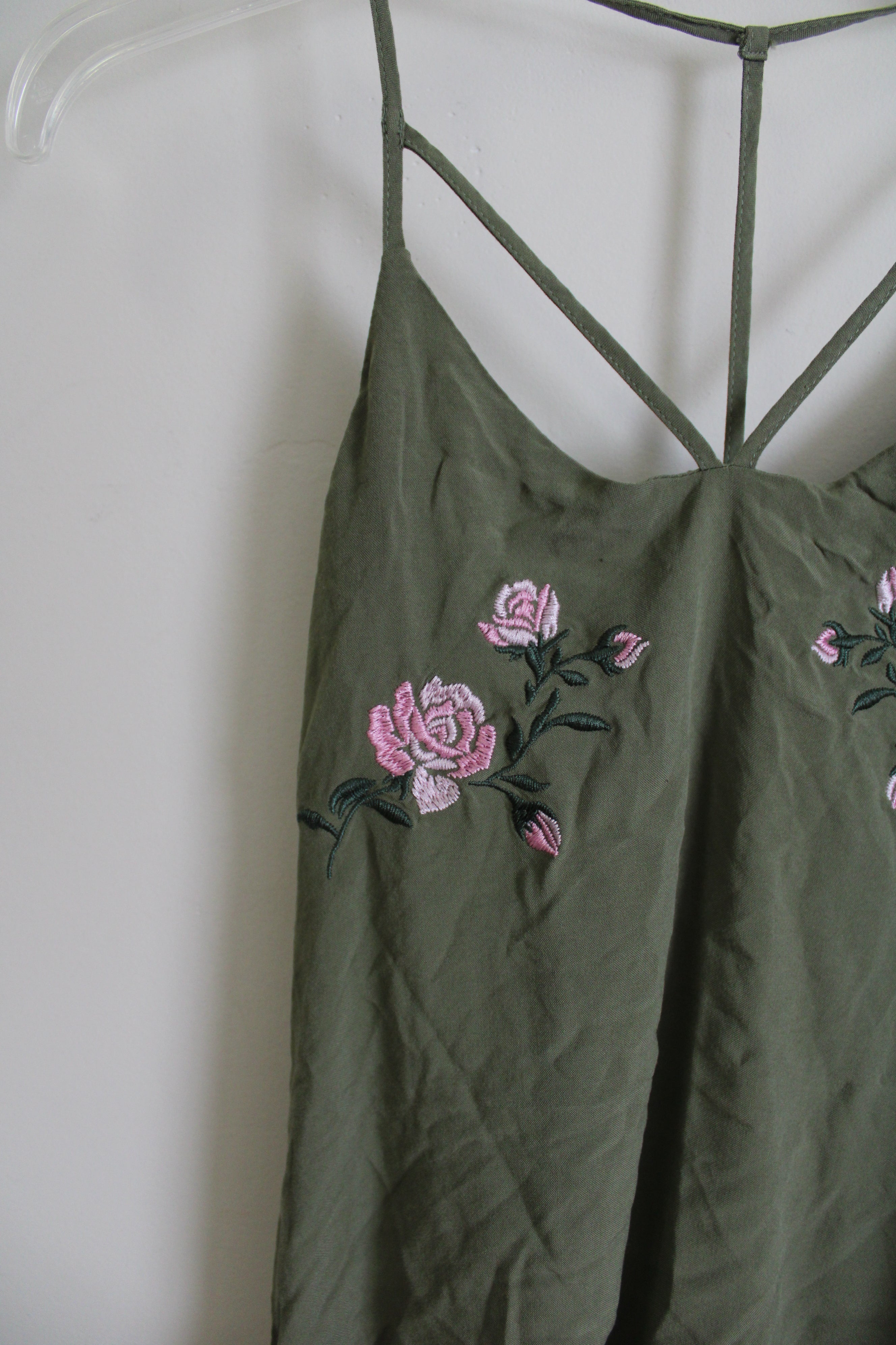 No Boundaries Olive Green Rose Embroidered Tank | M