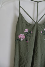 No Boundaries Olive Green Rose Embroidered Tank | M