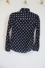 Merona Navy Blue White Polka Dotted Long Sleeved Button Down Shirt | XS