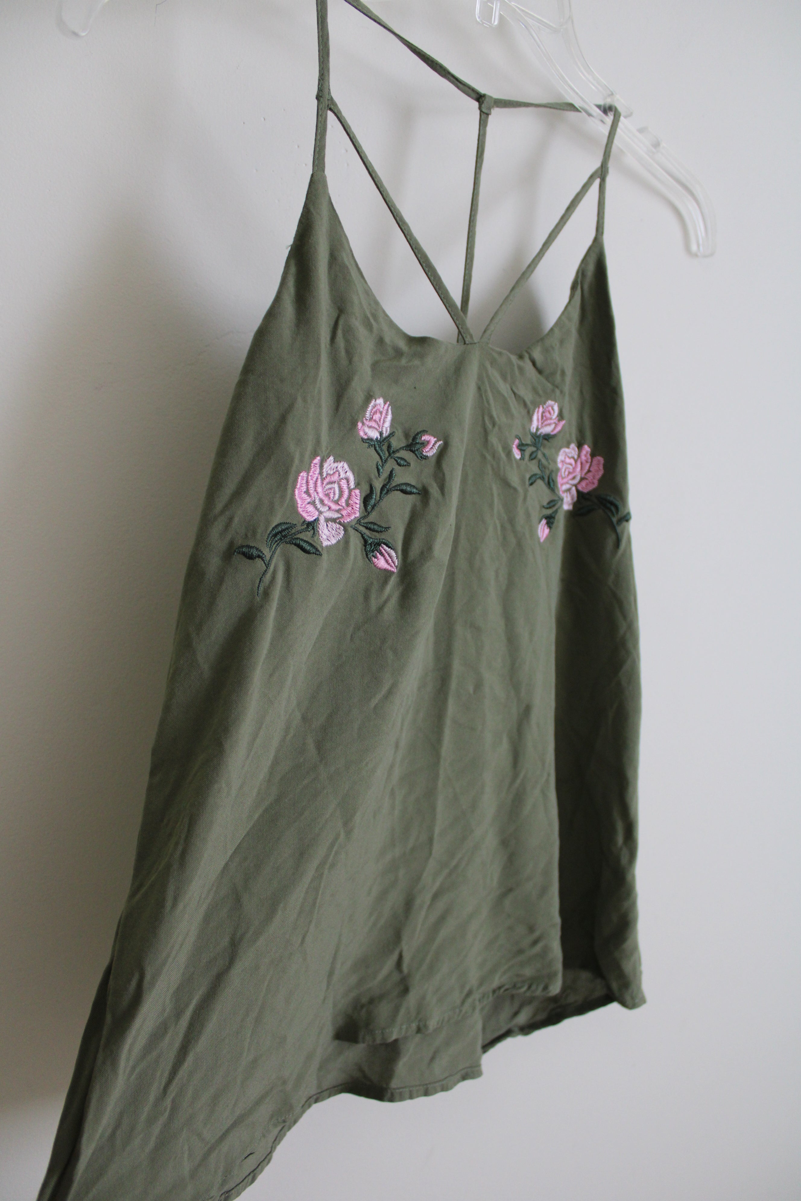 No Boundaries Olive Green Rose Embroidered Tank | M